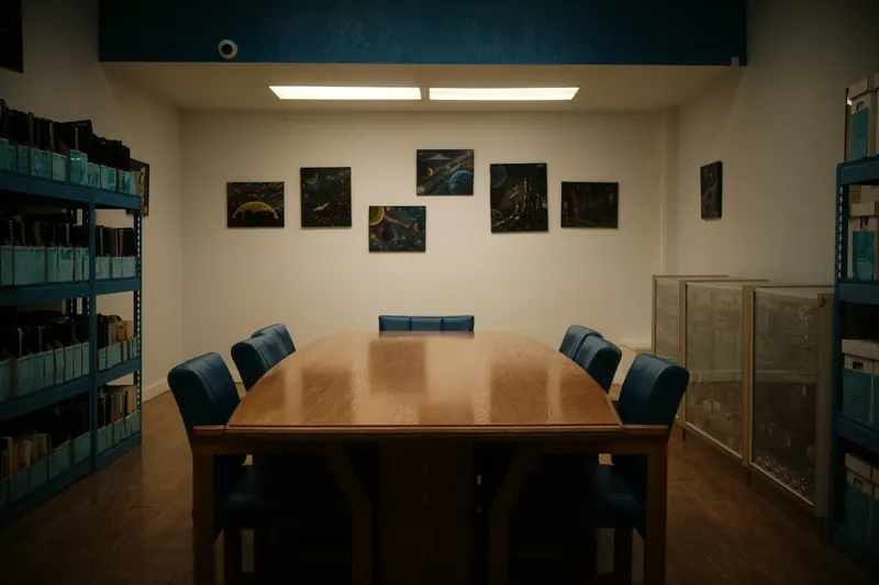La salle de réunion, une longue table de bois entre deux bibliothèques